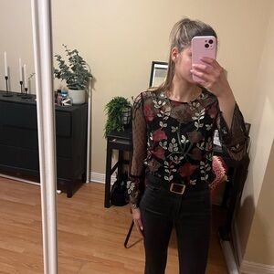 Floral Embroidered Black Top